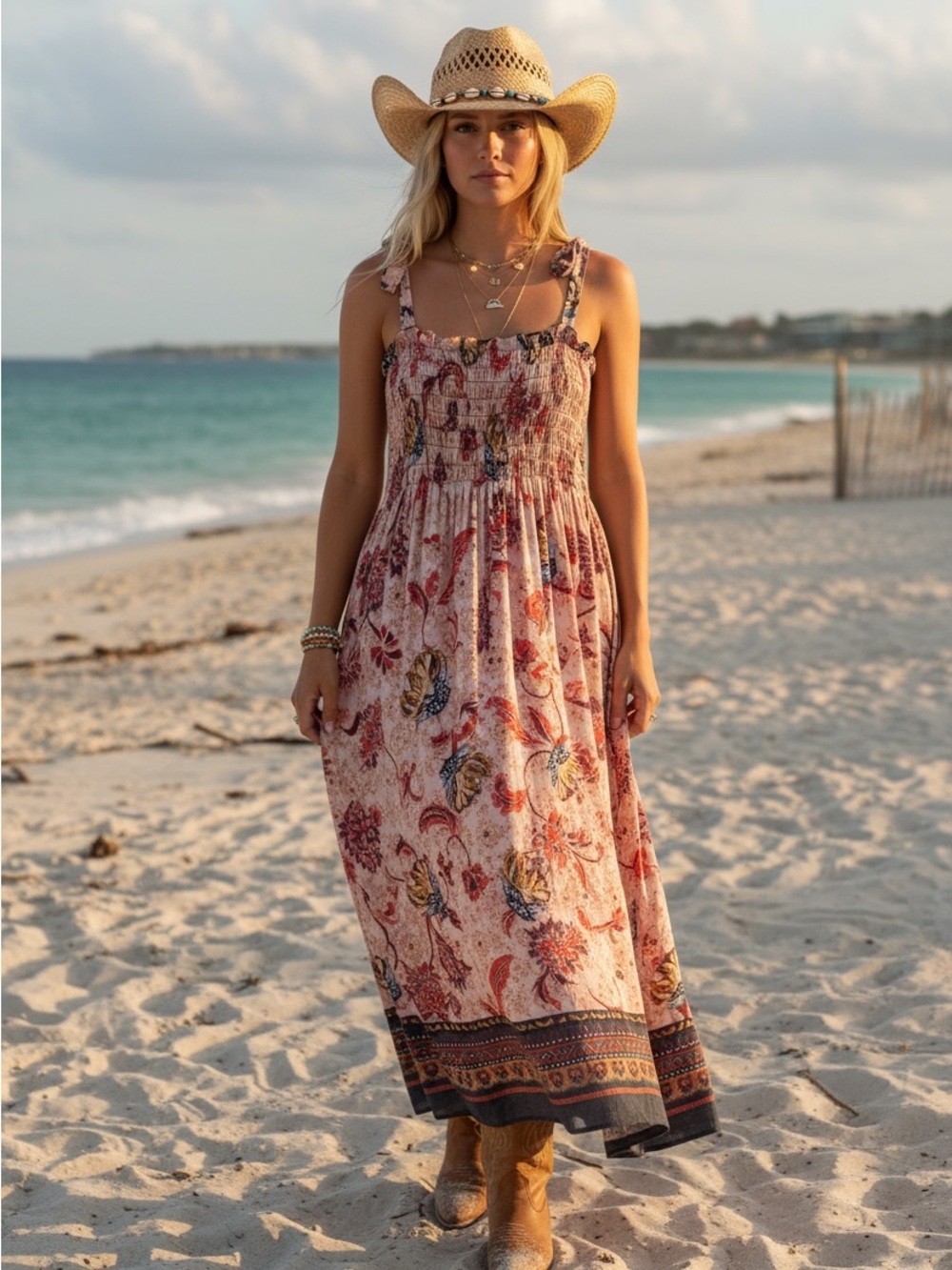 BOHEMIAN FLORAL SUNDRESS SMOCKED MIDI-DRESS SIZE LARGE/XL TIE SHOULDERS STRETCHY